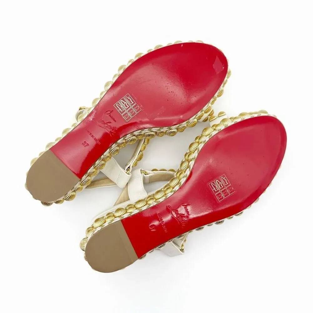 CHRISTIAN LOUBOUTIN Rondaclou Studded Chunky Wedge Heels Size 37 Sandals White